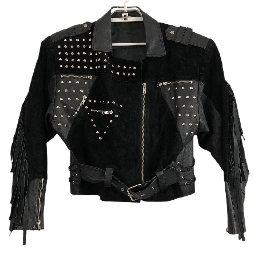 SOLD! 100% Leather Studded Fringe Moto Jacket Small